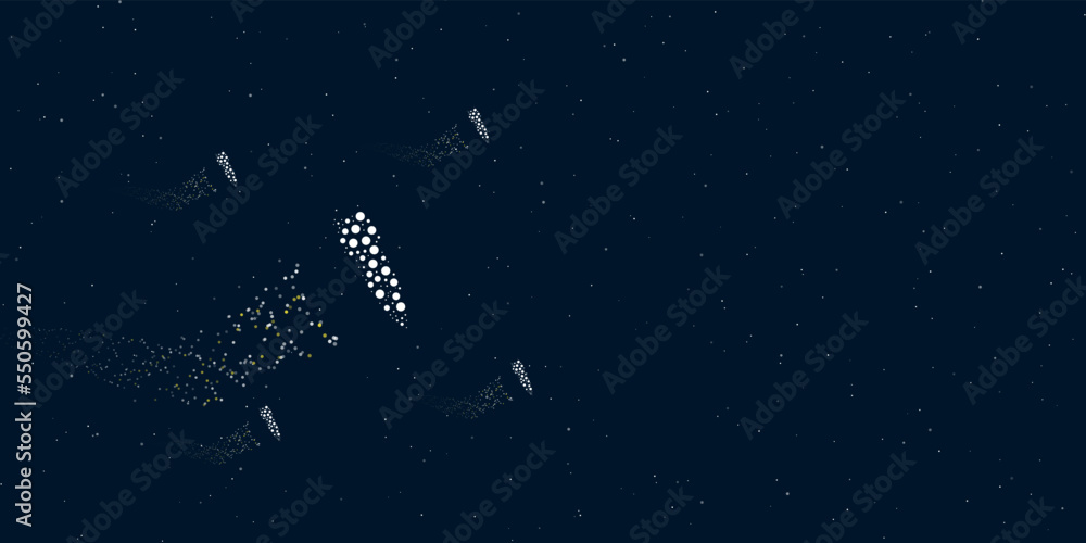Poster a falling rocket symbol filled with dots flies through the stars leaving a trail behind. there are f