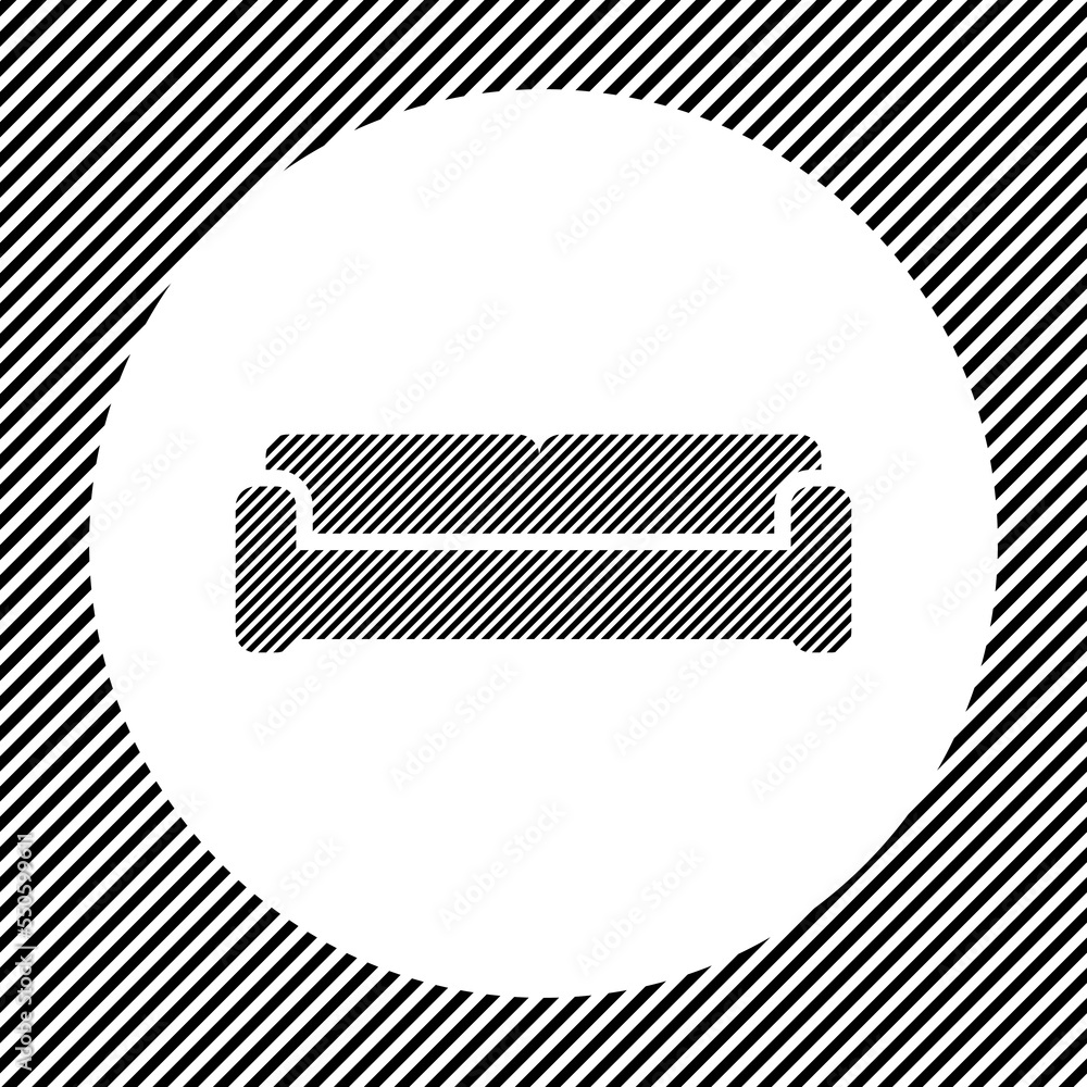 Poster a large sofa symbol in the center as a hatch of black lines on a white circle. interlaced effect. se