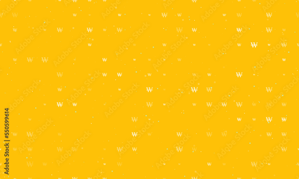 Poster seamless background pattern of evenly spaced white korean won signs of different sizes and opacity. 