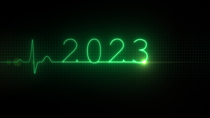 2023. Cardiogram. Loop. Cardoigram curve on screen. 2023 Emergence. New year. 