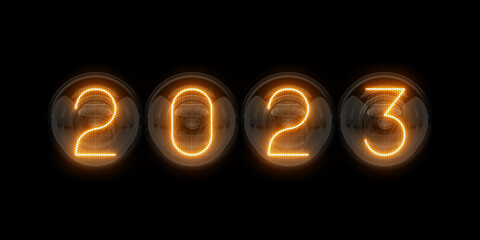 2023. Two thousand twenty-three. Nixie tube indicator. Gas discharge indicators and lamps. 3D. 3D Rendering