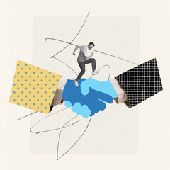 Contemporary art collage. Creative design. Happy man standing on hands shaking symbolizing successful business deal and profitable cooperation