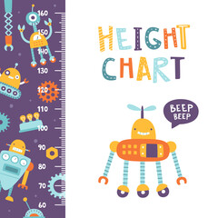 Height chart with cute robots. Cartoon ruler with funny robots. Doodle stadiometer foe baby.