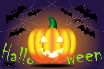 Happy Halloween card with pumpkin and bats, vector illustration