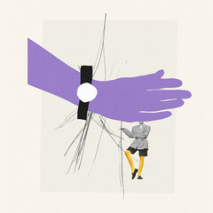 Contemporary art collage. Creative design. Illusion hand covering boy's face. Stylish young guy...