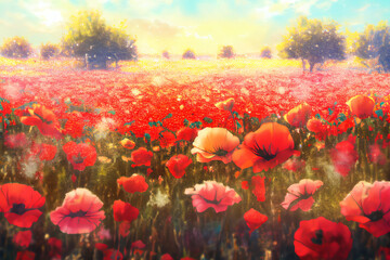 Sunny and red poppy field watercolor background