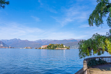 Lake Maggiore at Stresa, view to the lake from the promenade, background the Isola Bella - island Bella