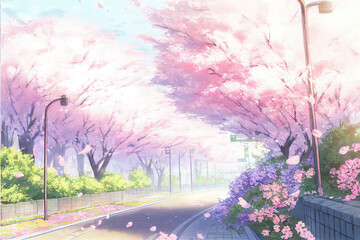 Enjoying Sakura Tree Blossom in Spring Season. Digital Illustration