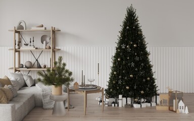 Cozy christmas white living room decorated big christmas pine tree, christmas eco toys, garlands, grey sofa, gifts and presents under the tree. Open shelving with decor. Template,background for card