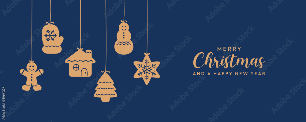 Poster christmas card with hanging gingerbread cookies decoration on blue background