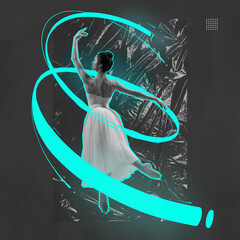 Creative poster with portrait of graceful ballet dancer in stage costume in motion over grey background with crumpled plastic cellophane effect. Modern art, beauty, acid colors