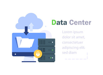 Data Center, Web servers, service, internet connection, cloud servers with security icons flat