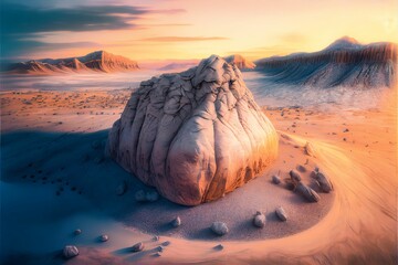 Ai generated art of desert view with sandy field and huge rocky cliff