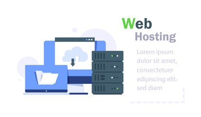 Web hosting concept. Online database, server, web data center, cloud computing, technology, computer, security