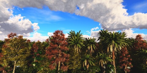 Fototapeta na wymiar Autumn jungle, autumn landscape with clouds in the sky, 3d rendering