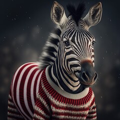 Striped zebra wearing a warm Christmas sweater, exotic animal in a knitted jumper, wild animal character portrait, pet Christmas illustration	