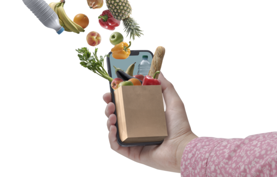 PNG file no background Online grocery shopping app on smartphone