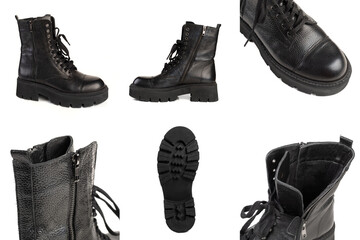 Set of several different photos Rough heavy grunge boots styled on a white background. Side view, front, sole of fashionable shoes. Insulated on white