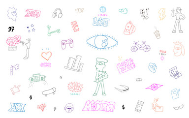  Hipsters city life,teen lifestyle things - doodles , cartoons objects 