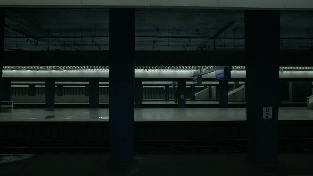 The train passes through an empty railway station. There are no people on the platforms. Columns and dim lights at the train station. Gotham city mood. Cinematic style. Cyberpunk style.