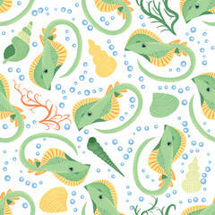 Batomorphi sea life, fish, animals bright seamless pattern. sea travel, snorkeling with animals, tropical fish