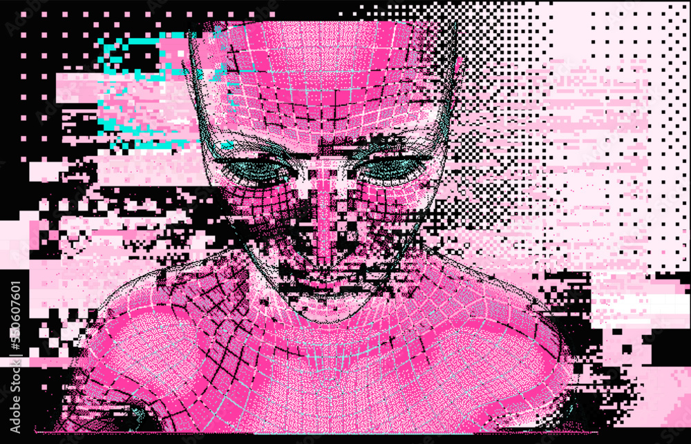 Aufkleber 3d bald woman on a glitched and pixelated background. concept of an artificial intelligence and mach