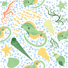 Batomorphi sea life, fish, animals bright seamless pattern. sea travel, snorkeling with animals, tropical fish