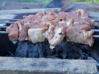appetizing pieces of meat on skewers are smoked on an open fire, cooking pork on skewers on an impromptu brazier in the form of brickwork, raw shish kebab at the beginning of cooking