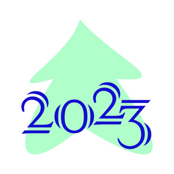 2023 happy new year, light green tree, blue numbers, simple vector logo, flat style