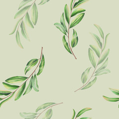 Watercolor seamless pattern with pomegranate leafs. Hand drawn realistic tasty garnet isolated on green background