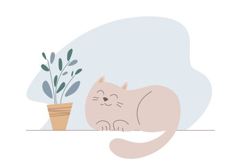 Funny cartoon cat dreaming near a home plant. Vector animal illustration.