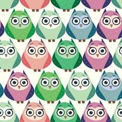 Cute multicolored owls and flowers in cartoon style, childish seamless pattern, newborn. Creative childish background for fabric, textile