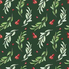 Watercolor seamless pattern with pomegranate seeds and flowers and leafs. Hand drawn realistic tasty garnet isolated on dark green background