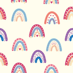 Rainbow seamless pattern in pastel colors. Scandinavian baby hand drawn illustration for textiles and newborn clothes.