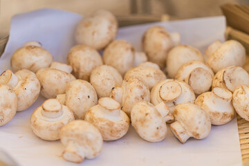 Fresh vegetables background. Champignon mushroom background. Basket of champignon mushrooms.