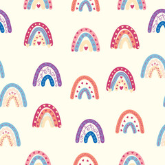 Rainbow seamless pattern in pastel colors. Scandinavian baby hand drawn illustration for textiles and newborn clothes.