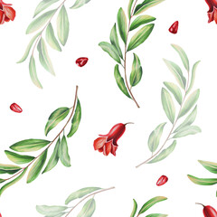 Watercolor seamless pattern with pomegranate seeds and flowers and leafs. Hand drawn realistic tasty garnet isolated on white background