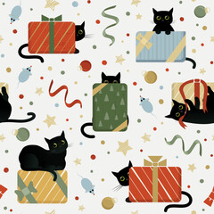 Holiday seamless pattern with cute black cats and wrapping gift boxes. Cat playing with ribbon, hiding behind the box, sitting on the top. Vector illustration