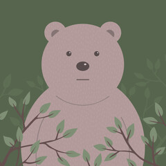 Cartoon head of a kind bear on forest background. Tree foliage. Character for children. Wild animal. Flat vector isolated illustration