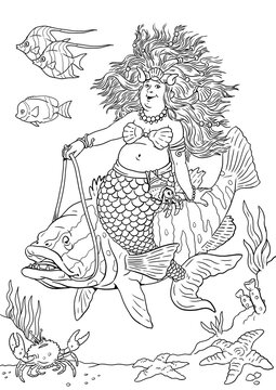 Funny mermaid on a big fish. Coloring page with underwater fairy. Coloring template with wizard.