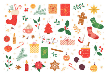 Vector set of holiday  christmas  icons: holly, christmas ornaments, gingerbread cookies, candles, gift, cacao mug. Vector illustration for Christmas time. Scrapbook collection. Winter greeting card.