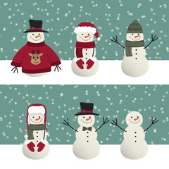 Cute Snowman set. Christmas, winter, snowfall. Vector illustration in flat stile.