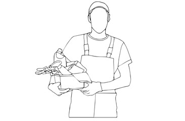 The guy in the cap courier with boxes. One line drawing isolated object by hand on a white background.