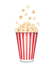 Popcorn in cardboard or paper buckets red and white striped isolated on a white background. Cinema snack or movie food. Realistic 3D Vector illustration.