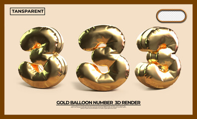 Bundle of 3D render 3 numbers gold luxury transparent for design element