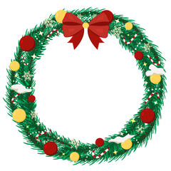 Fototapeta na wymiar Christmas wreath with christmas tree brunches, balls, garland. Vector illustration.