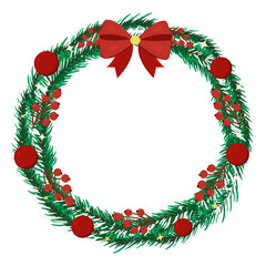 Fototapeta na wymiar Christmas wreath with holly, snow, tree branches, bow. Vector illustration.