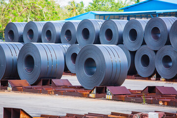 Rolls of carbon steel sheets outside the factory