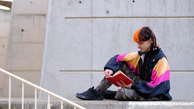 Young woman with orange and black hair, reading a red book.ç