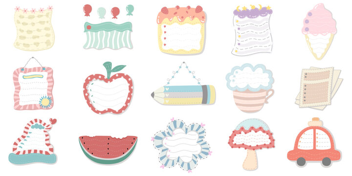 Paper note set designed in pastel tones on white background. Can be adapted for a variety of applications such as Paper decoration, note paper pattern, design design, worksheet decoration, teacher